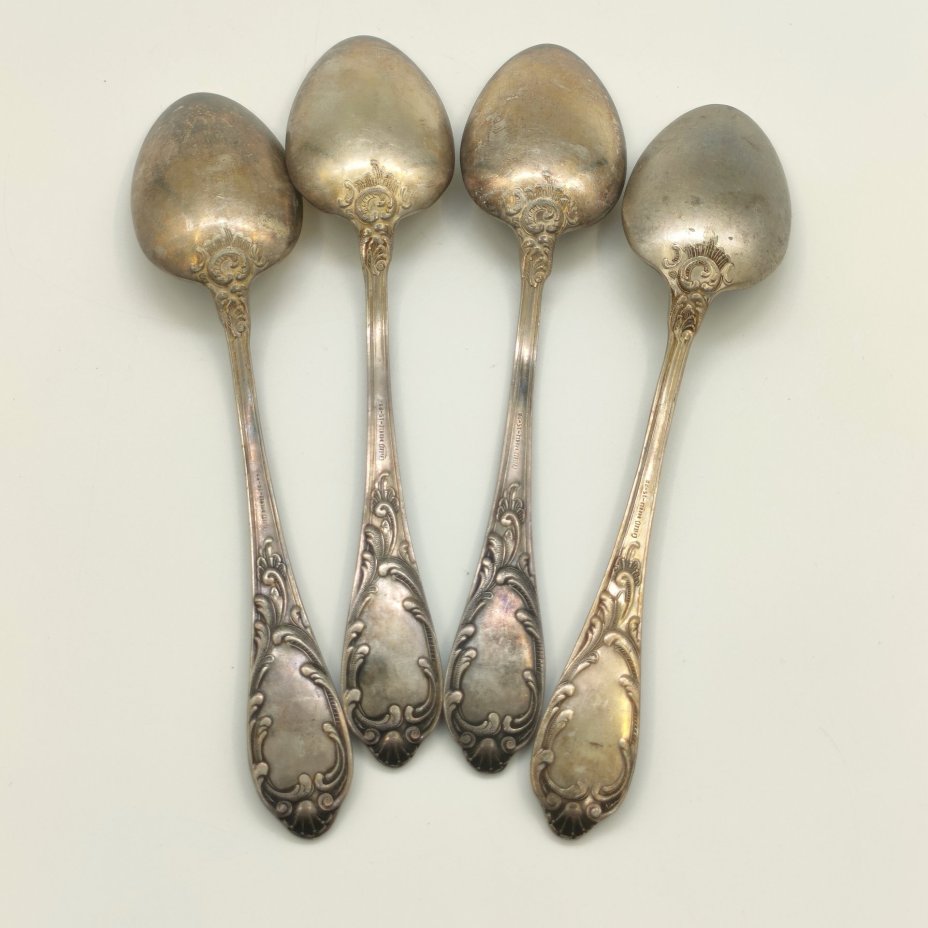 Набор из 4 столовых ложек с растительным декором, мНЦ (медь-никель-цинк), штамповка, Вольнянский завод столовых приборов им. Шевченко (ЗiШ, ЗиШ), СССР, 1961-1991 гг.