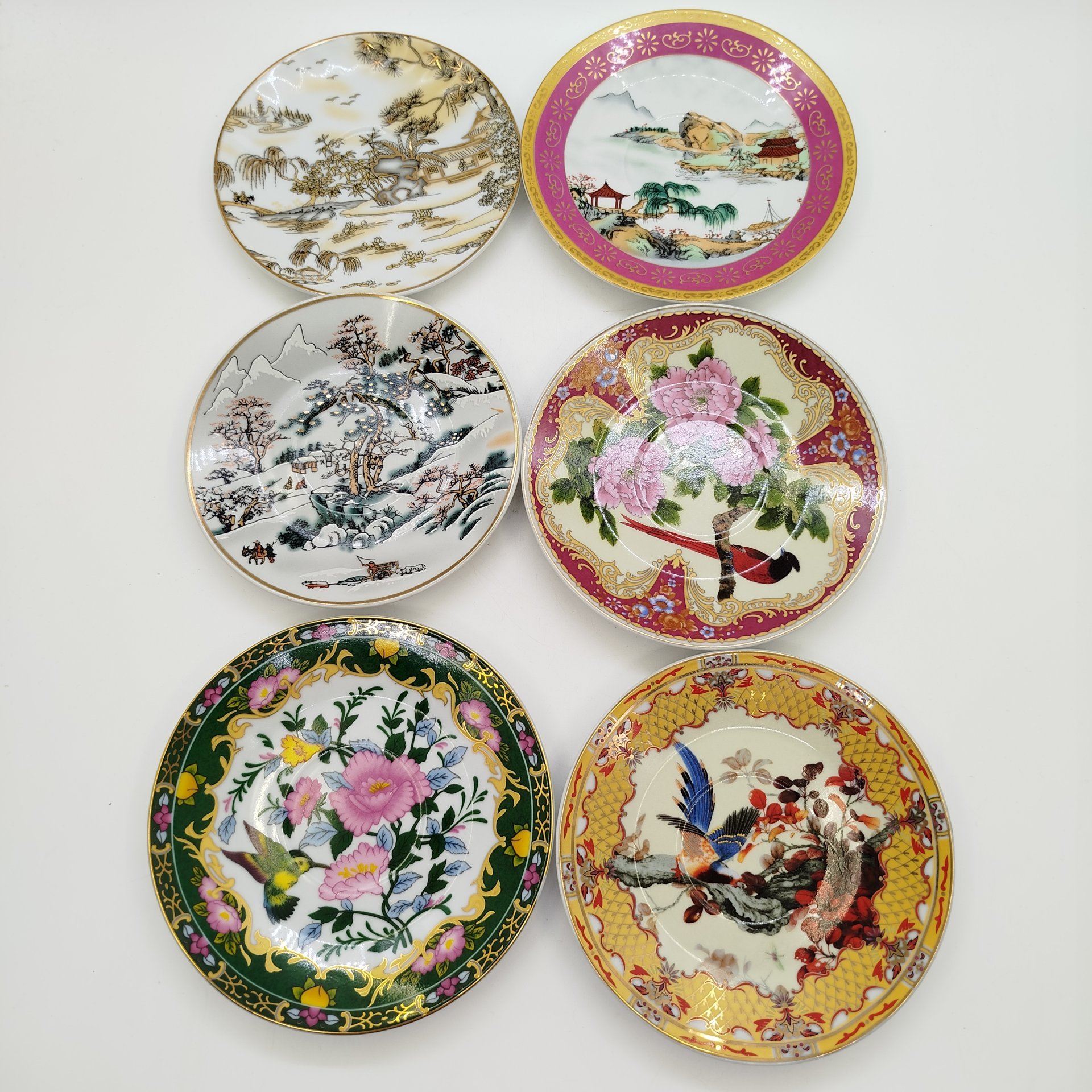 Набор из 6-ти блюдец, украшенных пейзажным и орнитологическим декором (в подборе)