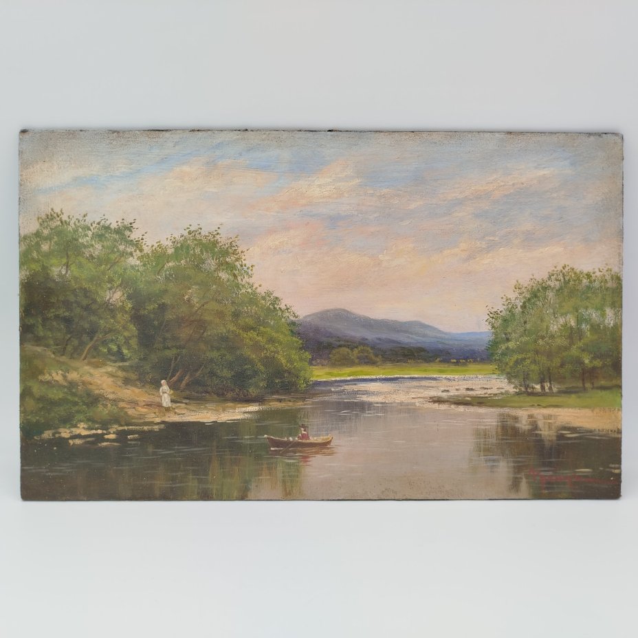 Картина "Летний пейзаж с лодкой" (название условное), подпись "Френц", картон, масло, ткань, Россия, 1970-2000 гг.