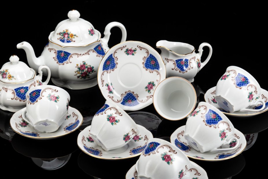 Сервиз на 6 персон (15 предметов) с цветочным декором, фарфор, деколь, золочение, Bohemia (Neurohlau), Чехословакия, 1970-1990 гг.
