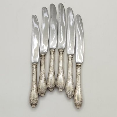 Набор из 6-ти столовых ножей с растительным декором, мНЦ (медь-никель-цинк), нержавеющая сталь, Вольнянский завод столовых приборов им. Шевченко (ЗiШ, ЗиШ), СССР, 1960-1980 гг.