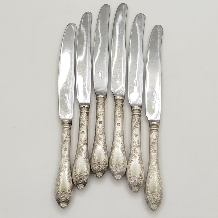 Набор из 6-ти столовых ножей с растительным декором, мНЦ (медь-никель-цинк), нержавеющая сталь, Вольнянский завод столовых приборов им. Шевченко (ЗiШ, ЗиШ), СССР, 1960-1980 гг.