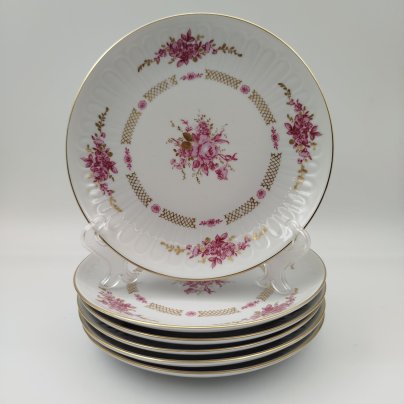 Набор пирожковых (закусочных) тарелок с цветочным декором на 6 персон, фарфор, деколь, золочение, Graf Von Henneberg Porzellan, 1777 Jlmenau, ГДР, 1977-1990 гг.