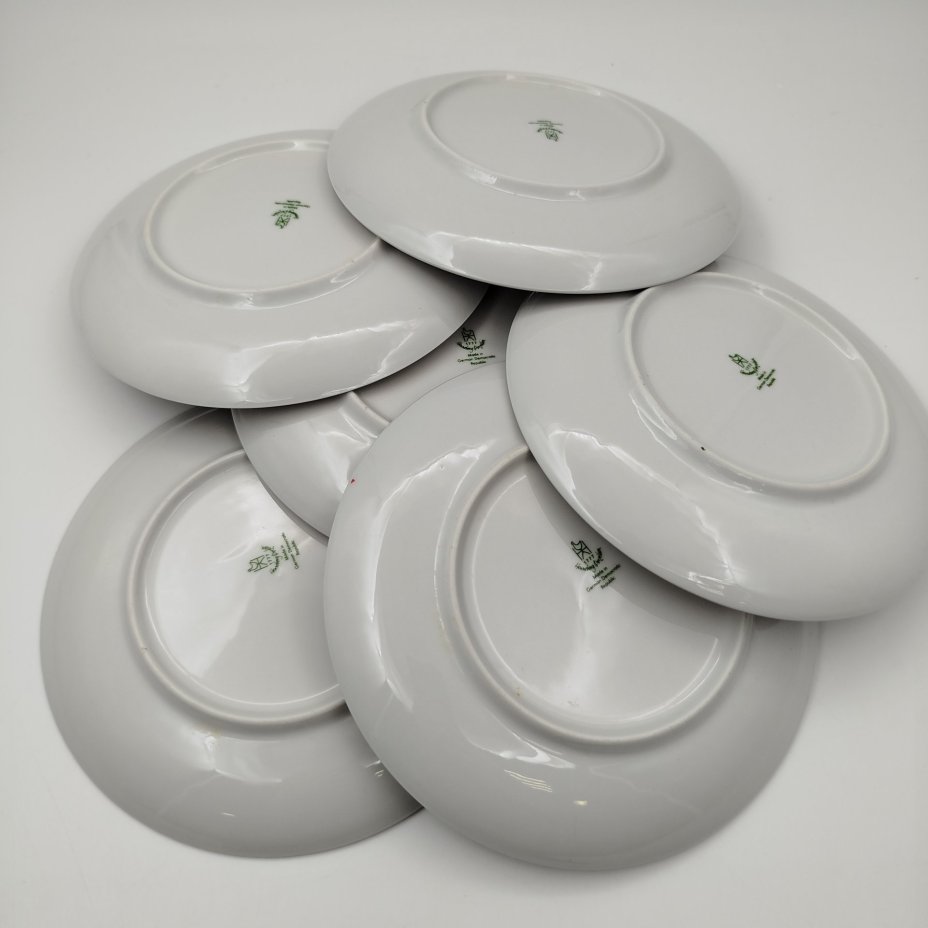 Набор пирожковых (закусочных) тарелок с цветочным декором на 6 персон, фарфор, деколь, золочение, Graf Von Henneberg Porzellan, 1777 Jlmenau, ГДР, 1977-1990 гг.