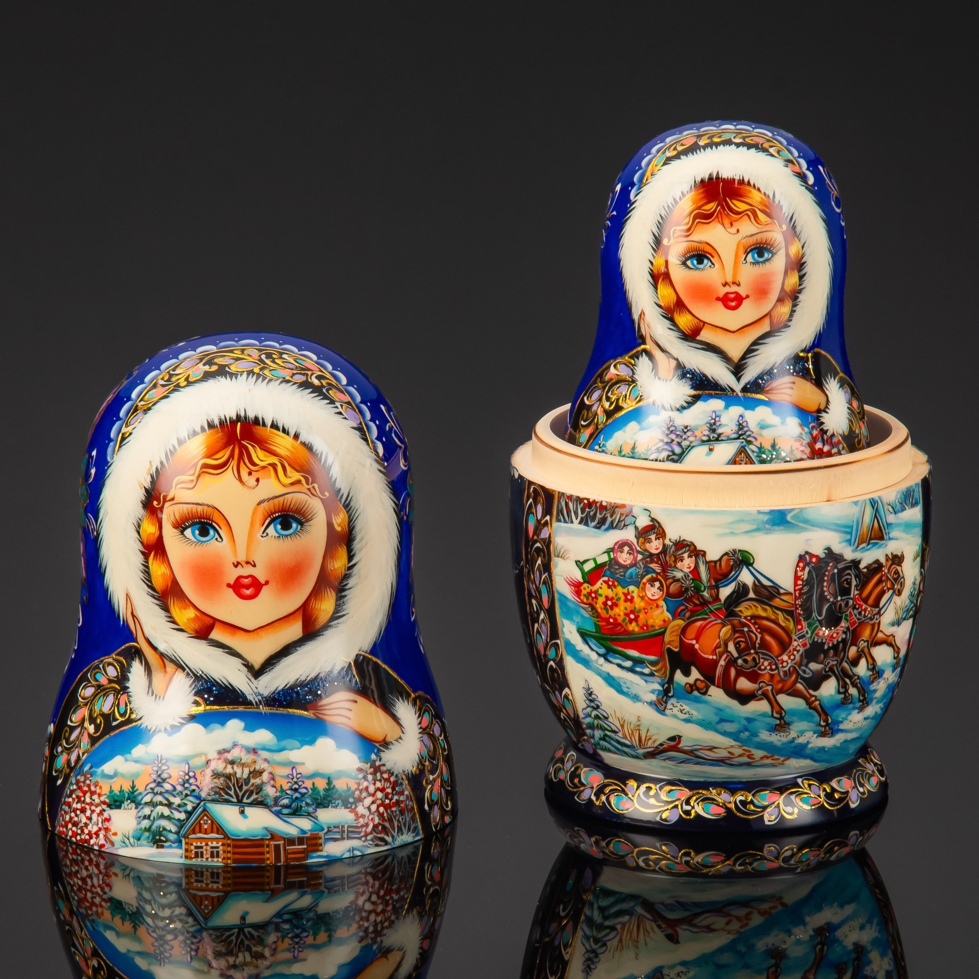 Матрешка "Зимняя тройка" (5 мест), автор росписи С.А. Лонченкова, дерево, лак, роспись, золочение, Российская Федерация, 2025 г.