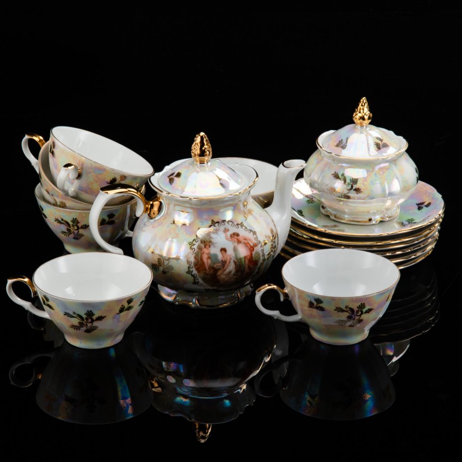 Сервиз чайный на 6 персон (14 предметов) "Мадонна", фарфор, деколь, люстр, золочение, Kahla, ГДР, 1960-1980 гг.