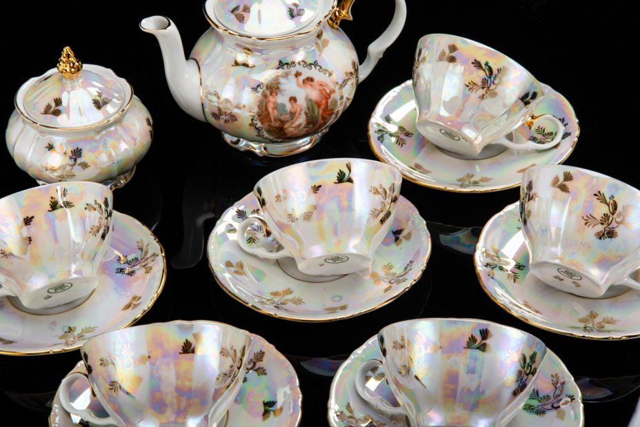Сервиз чайный на 6 персон (14 предметов) "Мадонна", фарфор, деколь, люстр, золочение, Kahla, ГДР, 1960-1980 гг.