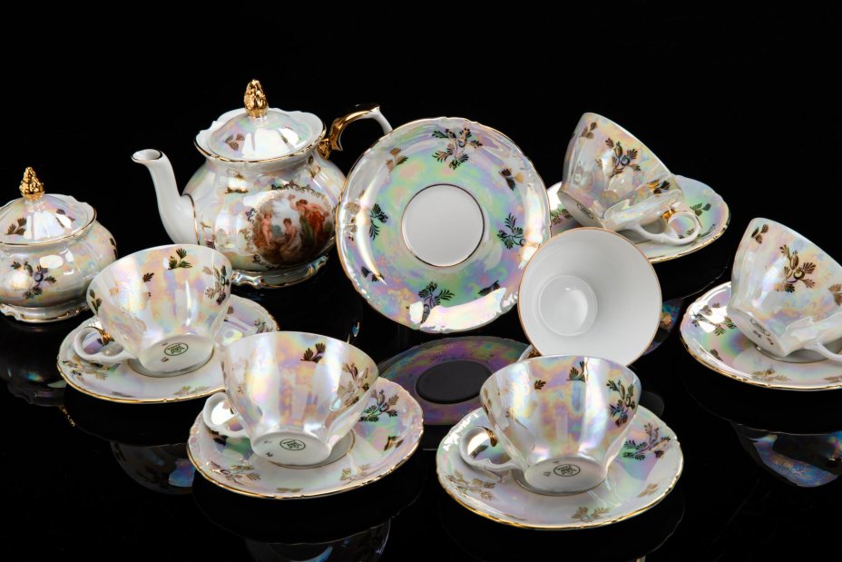 Сервиз чайный на 6 персон (14 предметов) "Мадонна", фарфор, деколь, люстр, золочение, Kahla, ГДР, 1960-1980 гг.