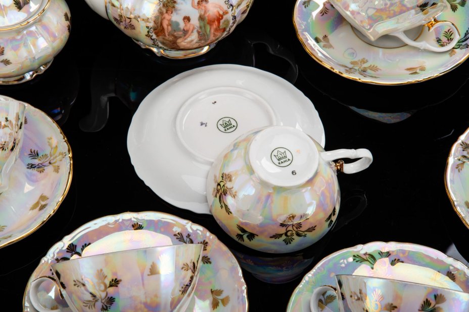 Сервиз чайный на 6 персон (14 предметов) "Мадонна", фарфор, деколь, люстр, золочение, Kahla, ГДР, 1960-1980 гг.