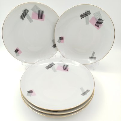 Набор из 6-ти тарелок с геометрическим декором, Cornelia Loucky Carlsbad, фарфор, деколь, золочение, Чехословакия, 1960-1980 гг.
