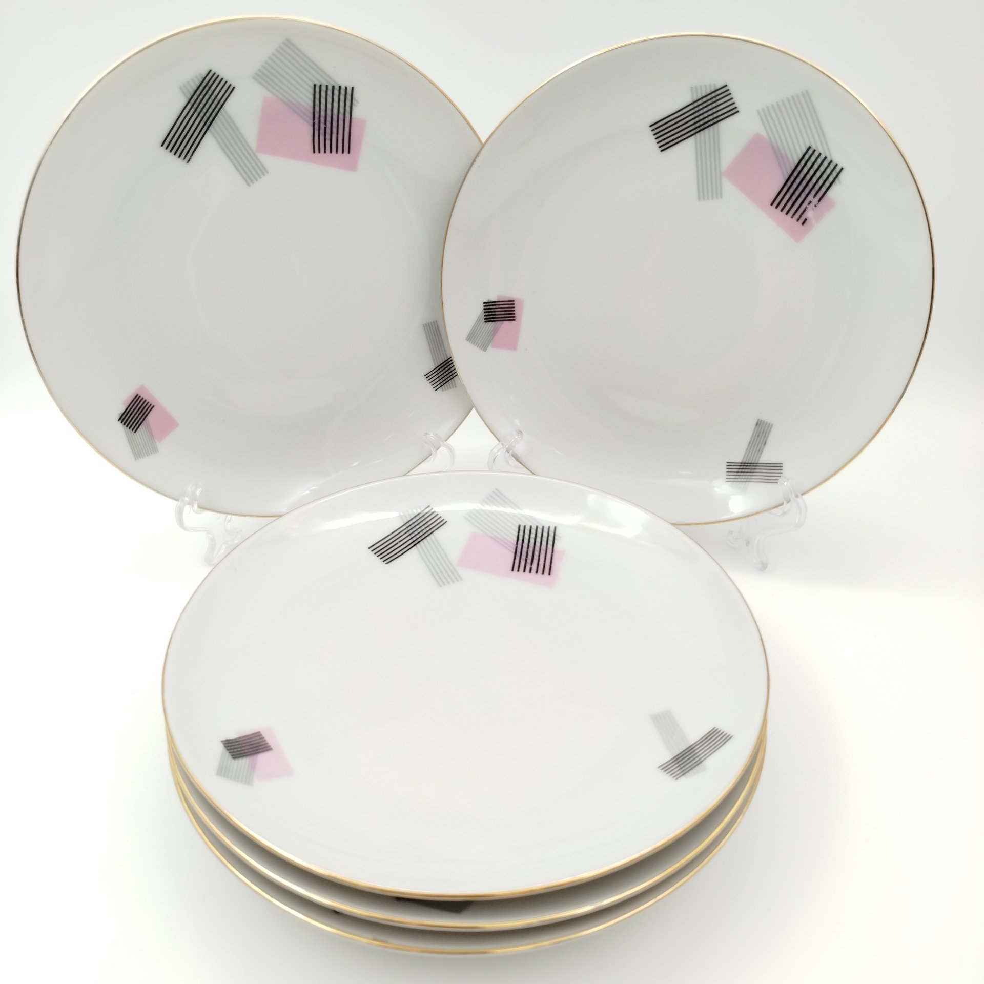 Набор из 6-ти тарелок с геометрическим декором, Cornelia Loucky Carlsbad, фарфор, деколь, золочение, Чехословакия, 1960-1980 гг.