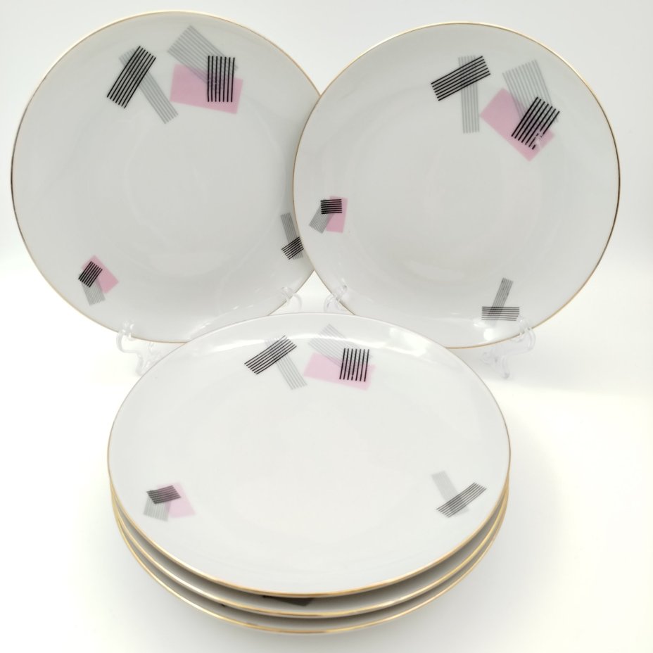 Набор из 6-ти тарелок с геометрическим декором, Cornelia Loucky Carlsbad, фарфор, деколь, золочение, Чехословакия, 1960-1980 гг.