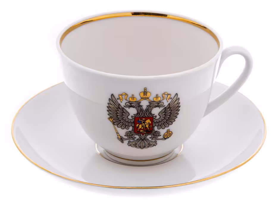 Пара чайная с изображением герба Российской Федерации, фарфор, деколь, Ленинградский фарфоровый завод (ЛФЗ), Россия, 2000-2012 гг., Ленинградский фарфоровый завод (ЛФЗ)