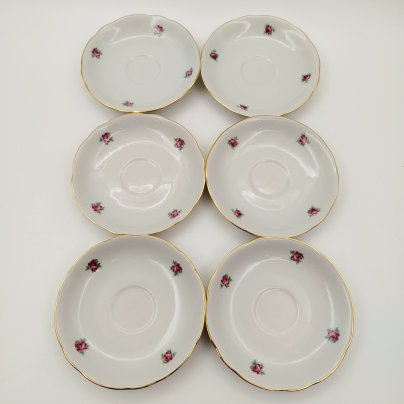 Набор кофейных пар с декором в виде распустившегося цветка розы (на 6 персон), мануфактура Bohemia Ceramic Works, фарфор, деколь, золочение, Чехословакия, 1960-1980 гг.