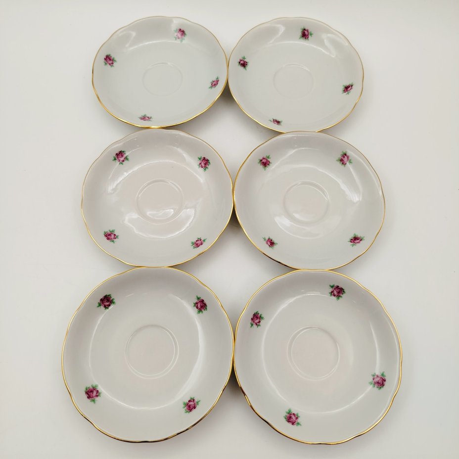 Набор кофейных пар с декором в виде распустившегося цветка розы (на 6 персон), мануфактура Bohemia Ceramic Works, фарфор, деколь, золочение, Чехословакия, 1960-1980 гг.