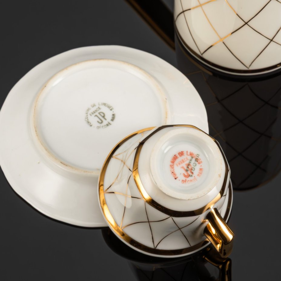 Набор на одну персону для подачи кофе/шоколада, фарфор, золочение, Limoges, Франция, 1930-1950 гг.