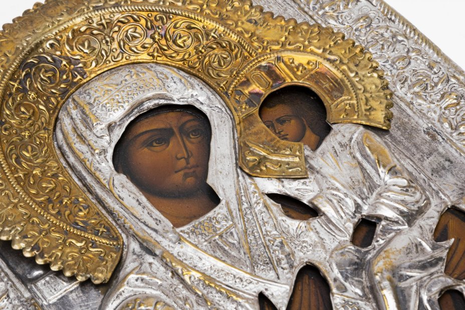 Икона "Богоматерь Иверская" в окладе, дерево, темпера, металл, серебрение, золочение, Российская империя, 1990-2000 гг.
