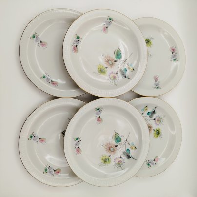 Набор десертных тарелок с абстрактным цветочным декором на 6 персон, фарфор, деколь, золочение, Stadtlengsfeld Joachim Döring/Rudolf Vogler, Германия, 1959-1963 гг.