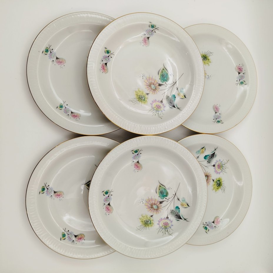 Набор десертных тарелок с абстрактным цветочным декором на 6 персон, фарфор, деколь, золочение, Stadtlengsfeld Joachim Döring/Rudolf Vogler, Германия, 1959-1963 гг.