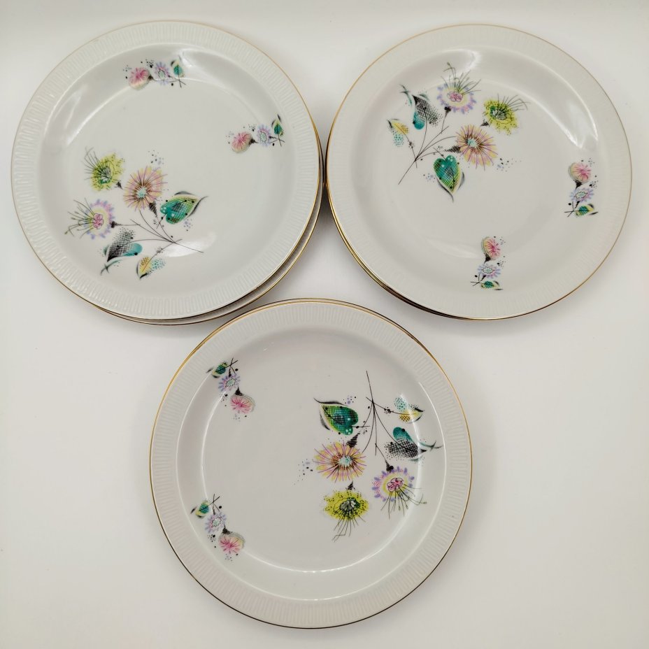 Набор десертных тарелок с абстрактным цветочным декором на 6 персон, фарфор, деколь, золочение, Stadtlengsfeld Joachim Döring/Rudolf Vogler, Германия, 1959-1963 гг.