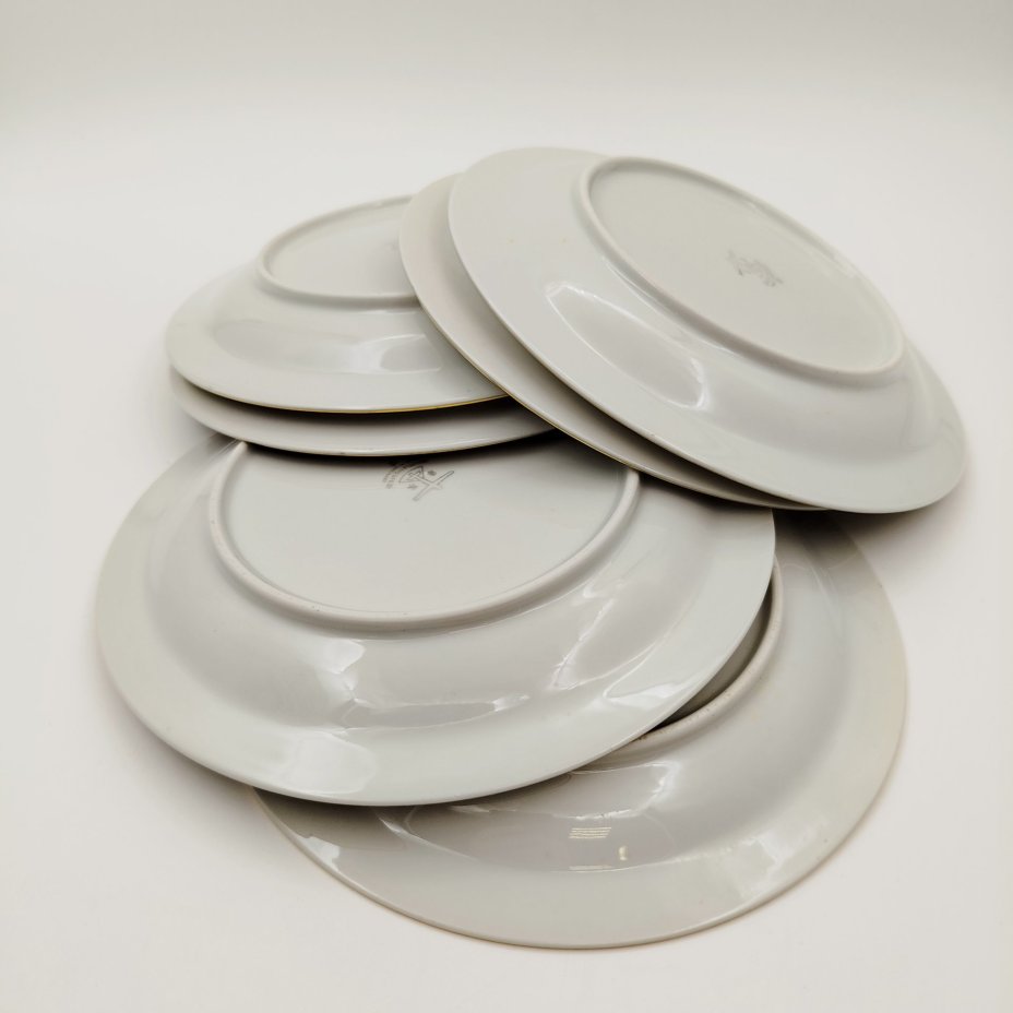 Набор десертных тарелок с абстрактным цветочным декором на 6 персон, фарфор, деколь, золочение, Stadtlengsfeld Joachim Döring/Rudolf Vogler, Германия, 1959-1963 гг.