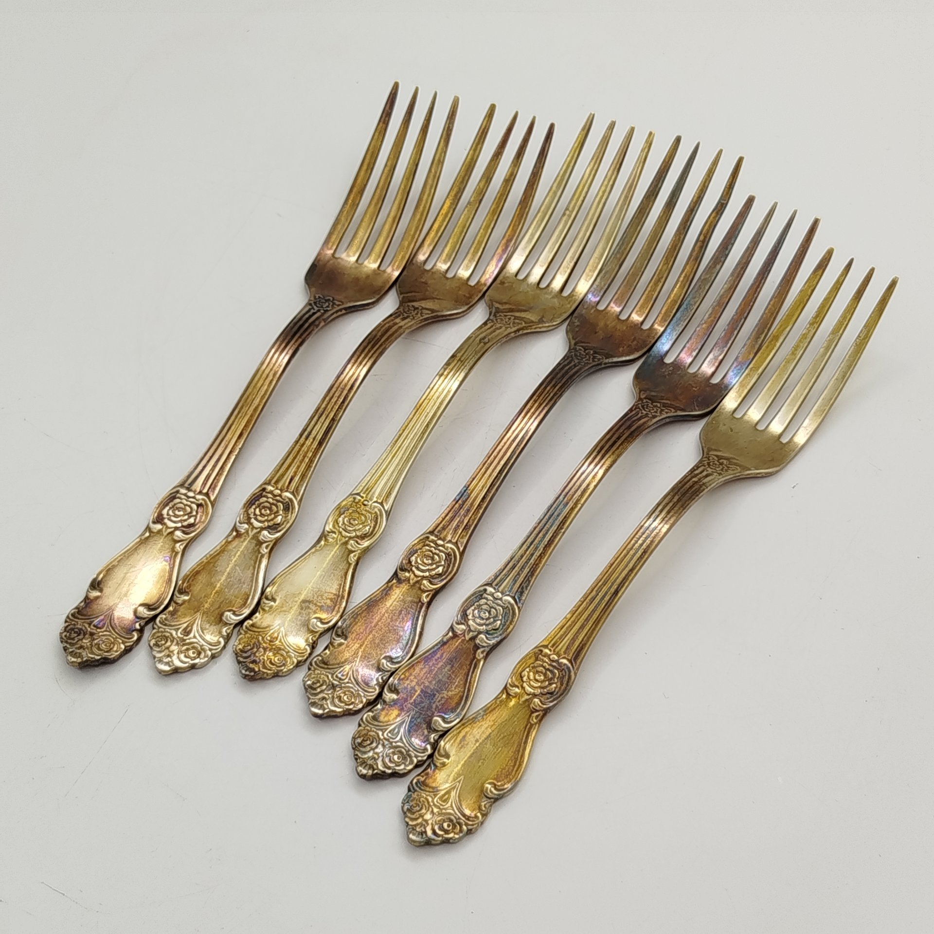 Набор из шести десертных вилок "Серебряная роза", мНЦ (медь-никель-цинк), Кольчугинский завод цветных металлов, СССР, 1970-1990 гг.