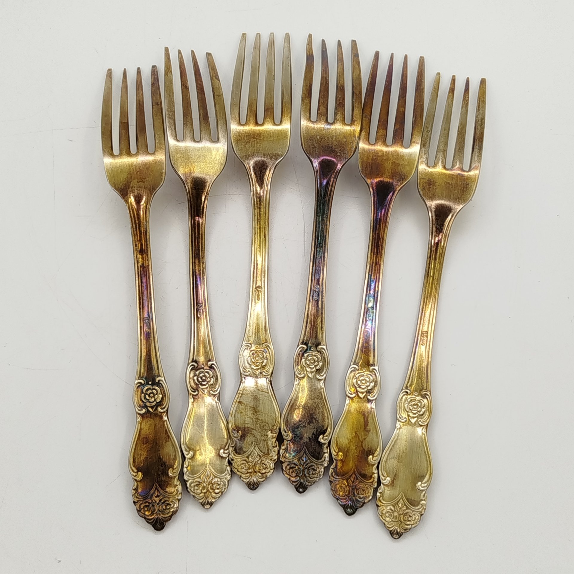 Набор из шести десертных вилок "Серебряная роза", мНЦ (медь-никель-цинк), Кольчугинский завод цветных металлов, СССР, 1970-1990 гг.