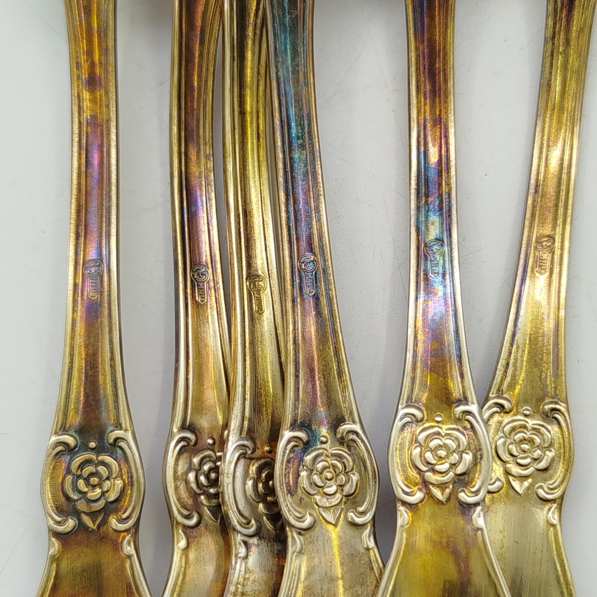 Набор из шести десертных вилок "Серебряная роза", мНЦ (медь-никель-цинк), Кольчугинский завод цветных металлов, СССР, 1970-1990 гг.