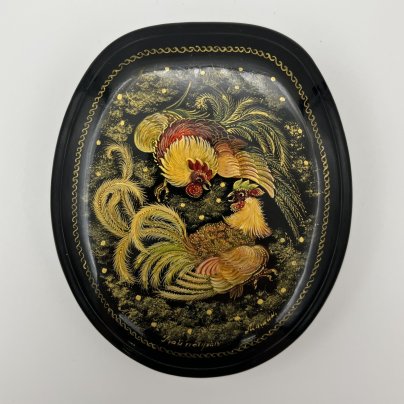 Шкатулка с лаковой миниатюрой "Бой петухов", автор Машин, Мстёра