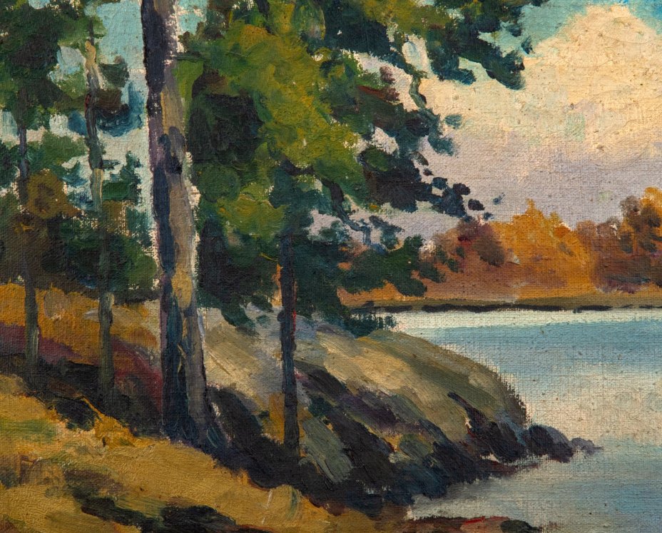 Картина "Прибрежный пейзаж с соснами", оформленная в раму, художник "K. W..." (не поддается прочтению)