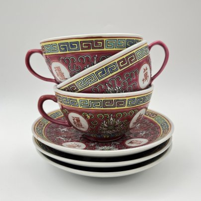 Набор из 3-х чайных пар, украшенных иероглифами ("тысячи лет Вам без конца"), фарфор, роспись, Китай, 1960-1980 гг.