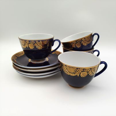 Набор чайных пар "Ночь", украшенных ажурным орнаментом, на 4 персоны, фарфор, кобальт, золочение, Ленинградский фарфоровый завод (ЛФЗ), СССР, 1960-1980 гг.
