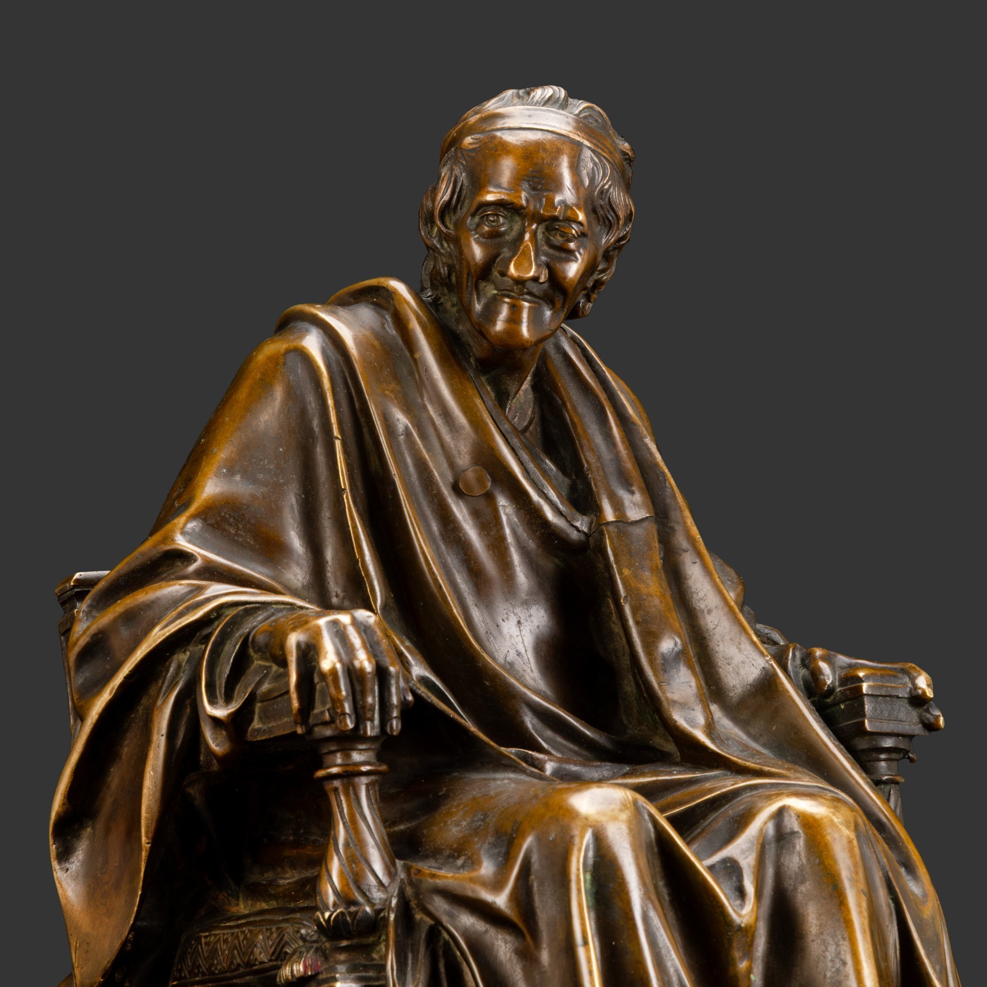 Скульптура "Вольтер", автор модели Жан-Антуан Гудон (фр. Jean-Antoine Houdon, 1740-1828), бронза, литье, патинирование, Франция, 1860-1880 гг.