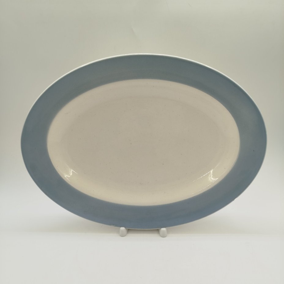 Блюдо сервировочное овальной формы с голубым кантом, VEB Steingut Elsterwerda, фаянс, крытье, ГДР, 1972-1982 гг.