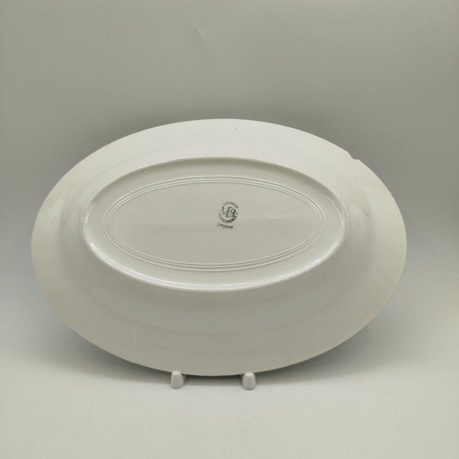 Блюдо сервировочное овальной формы с голубым кантом, VEB Steingut Elsterwerda