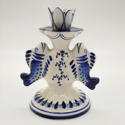 Подсвечник для одной свечи "Рыбы", фарфор, роспись, Объединение «Гжель», СССР, 1986-1991 гг.