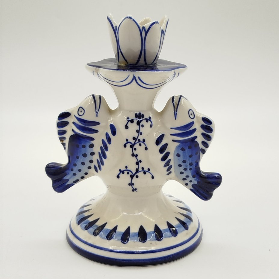 Подсвечник для одной свечи "Рыбы", фарфор, роспись, Объединение «Гжель», СССР, 1986-1991 гг.