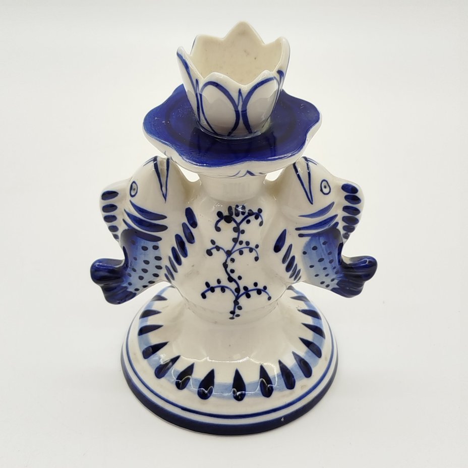 Подсвечник для одной свечи "Рыбы", фарфор, роспись, Объединение «Гжель», СССР, 1986-1991 гг.