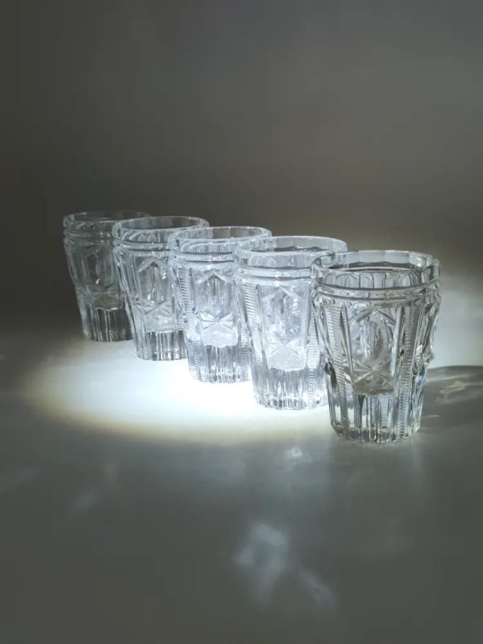Набор из 5-ти стопок с линзовидным декором, стекло, СССР, 1970-1990 гг.