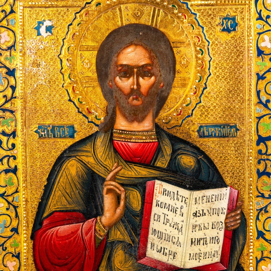 Икона "Господь Вседержитель" с орнаментальным декором на полях, в киоте