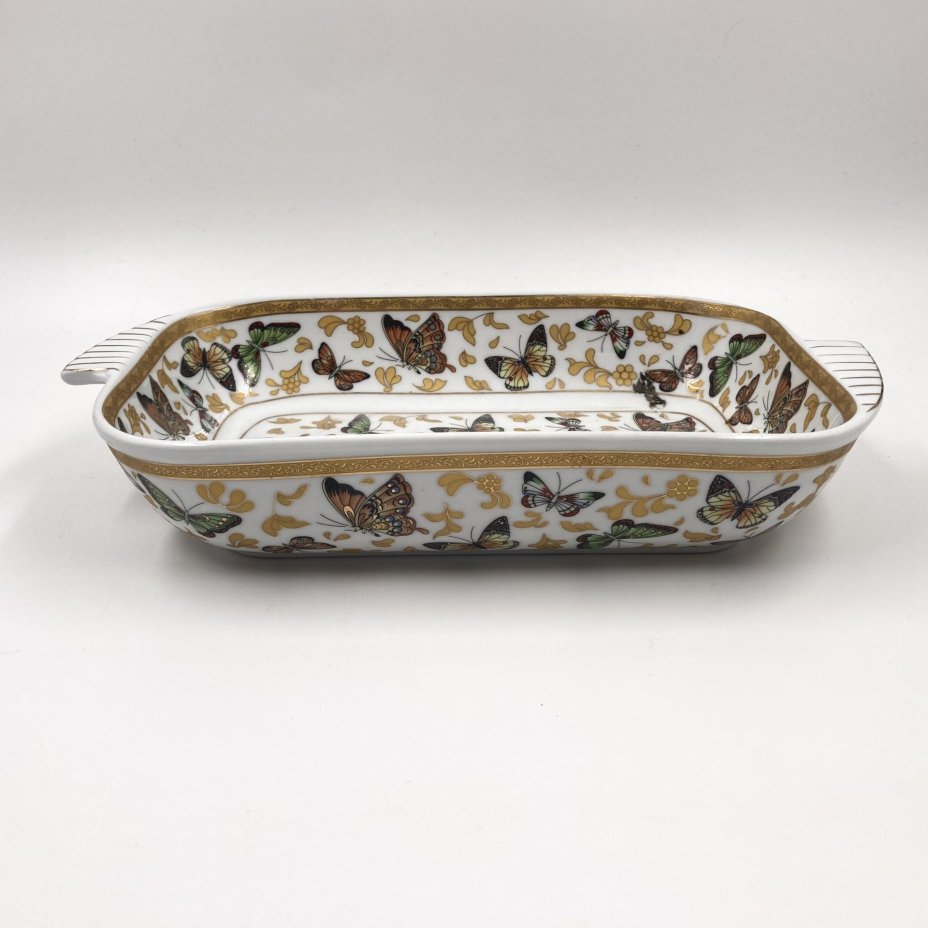 Сервирочное блюдо/противень с декором в виде бабочек, фарфор, деколь, золочение, Elan Gallery, Россия, 2000-2015 гг., Elan Gallery