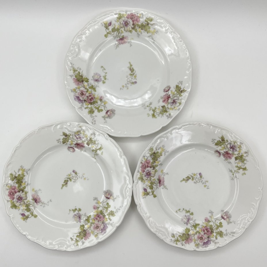 Набор десертных тарелок с цветочным декором и рокайлями на 3 персон, фарфор, деколь с подрисовкой, золочение, Фабрика князя Друцкого-Любецкого в Цмелеве, Российская империя, 1887-1917 гг.