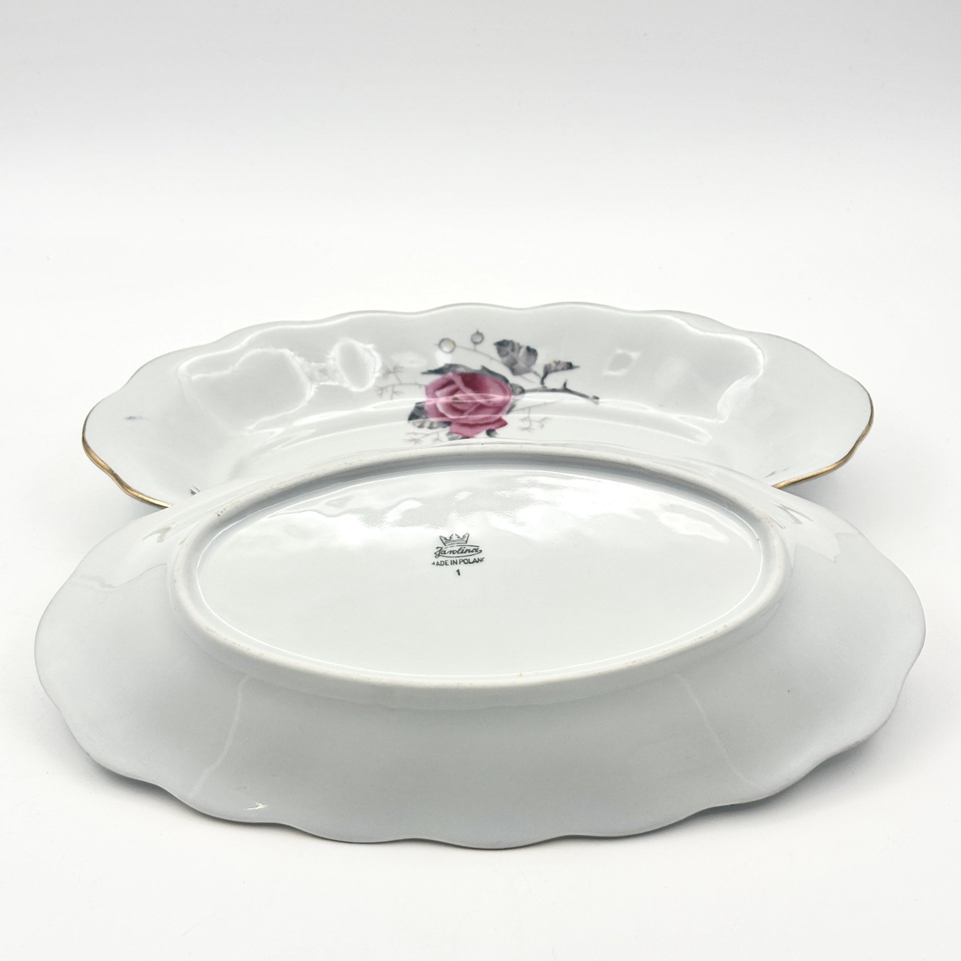 Набор из 2-х блюд (селёдочниц), украшенных изображением розы, фарфор, деколь, золочение, Karolina (Фарфоровая мануфактура «Каролина», Польша), Польша, 1980-1990 гг.