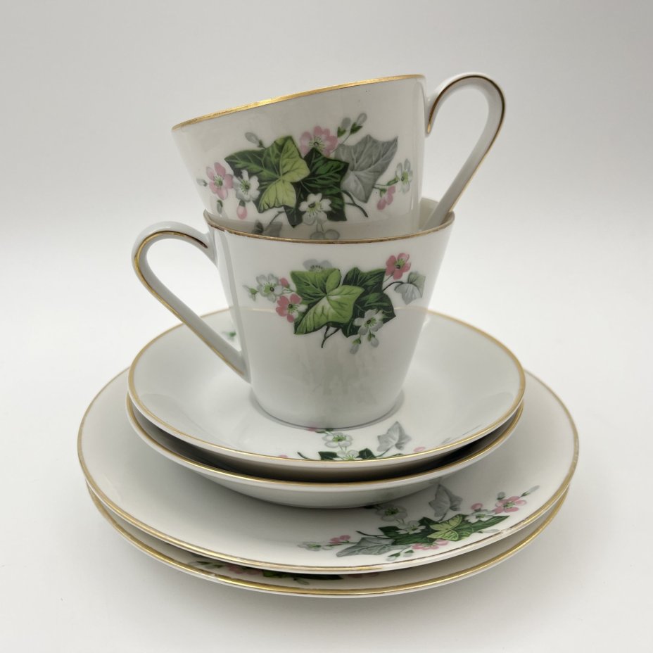 Набор кофейных трио с цветочным декором на 2 персоны, фарфор, деколь, золочение, Schönwald, Германия, 1950-1972 гг.