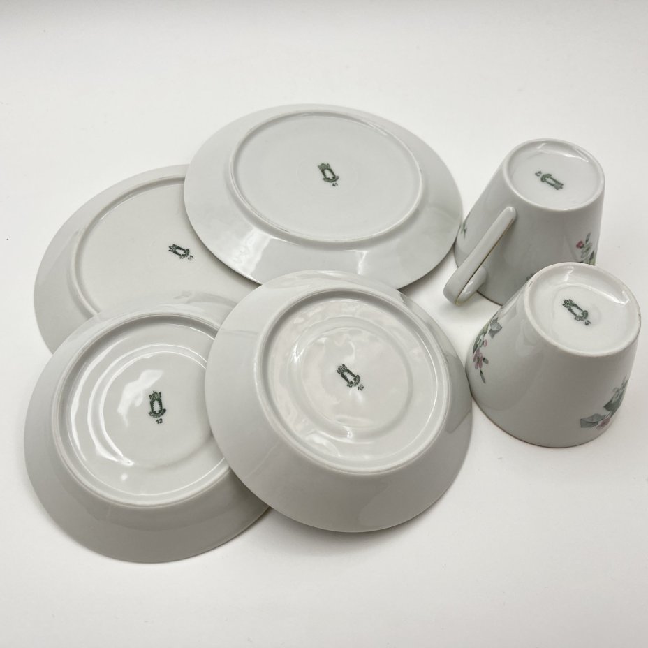 Набор кофейных трио с цветочным декором на 2 персоны, фарфор, деколь, золочение, Schönwald, Германия, 1950-1972 гг.