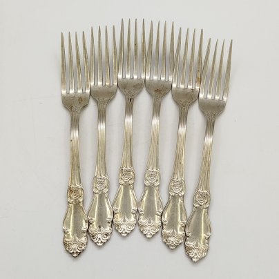 Набор из шести десертных вилок "Серебряная роза", мНЦ (медь-никель-цинк), Кольчугинский завод цветных металлов, СССР, 1970-1990 гг.