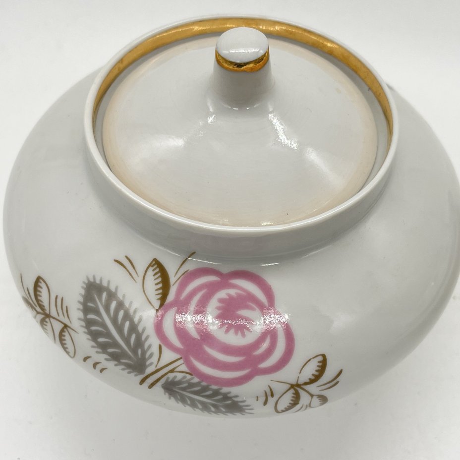 Сахарница с цветочным декором, фарфор, деколь, золочение, Дулевский фарфоровый завод (Дулёво), СССР, 1970-1990 гг.
