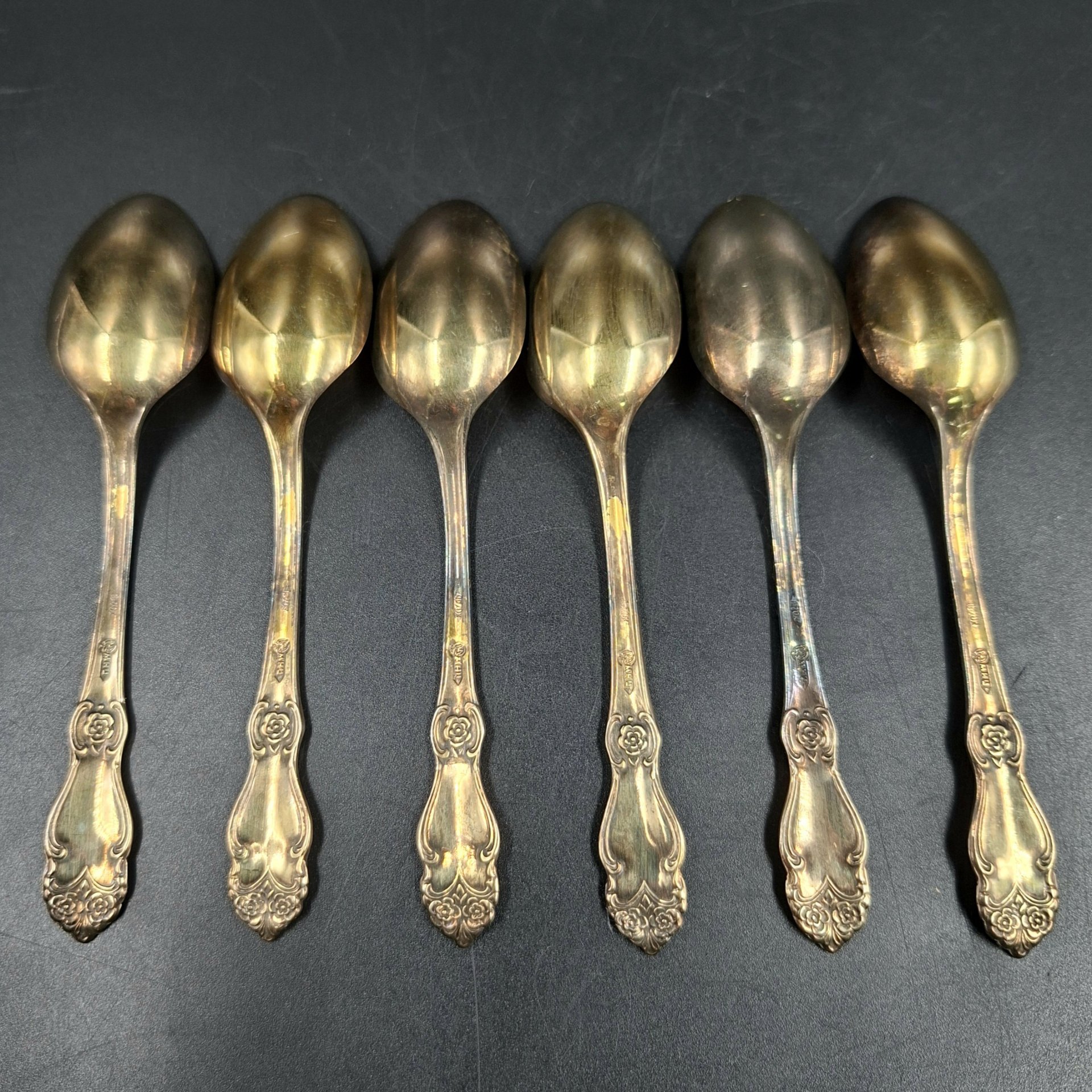 Набор из шести кофейных ложек "Серебряная роза", мНЦ (медь-никель-цинк), золочение, Кольчугинский завод цветных металлов, СССР, 1970-1990 гг.