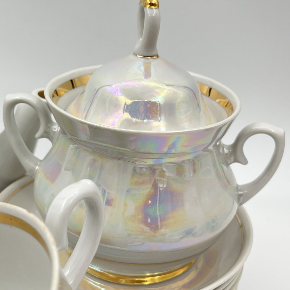 Сервиз чайный на 6 персон (14 предметов) с лаконичным декором, фарфор, золочение, люстр, Минский фарфорово-фаянсовый завод, СССР, 1968-1983 гг.