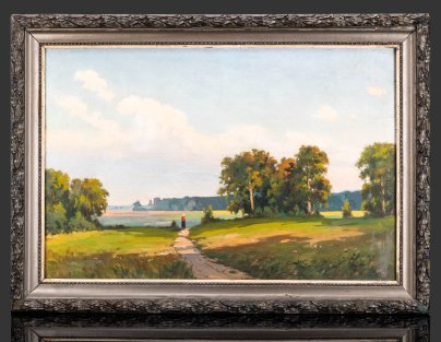 Картина "К вечеру" с изображением летнего пейзажа, в раме, художник В. Голубев, холст, масло, дерево, СССР, 1962 г.